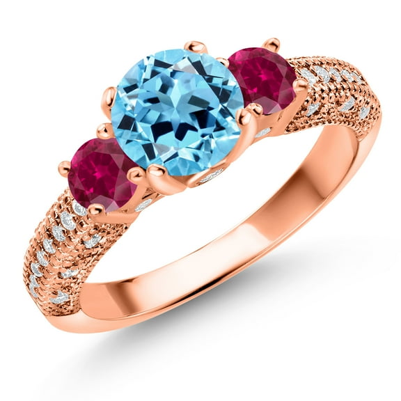 Gem Stone King 18K Rose Gold Plated Silver Swiss Blue Topaz Red Created Ruby and White Moissanite Engagement Ring for Women (2.23 Cttw, Gemstone November Birthstone, Round 7MM and 4MM, Size 6)