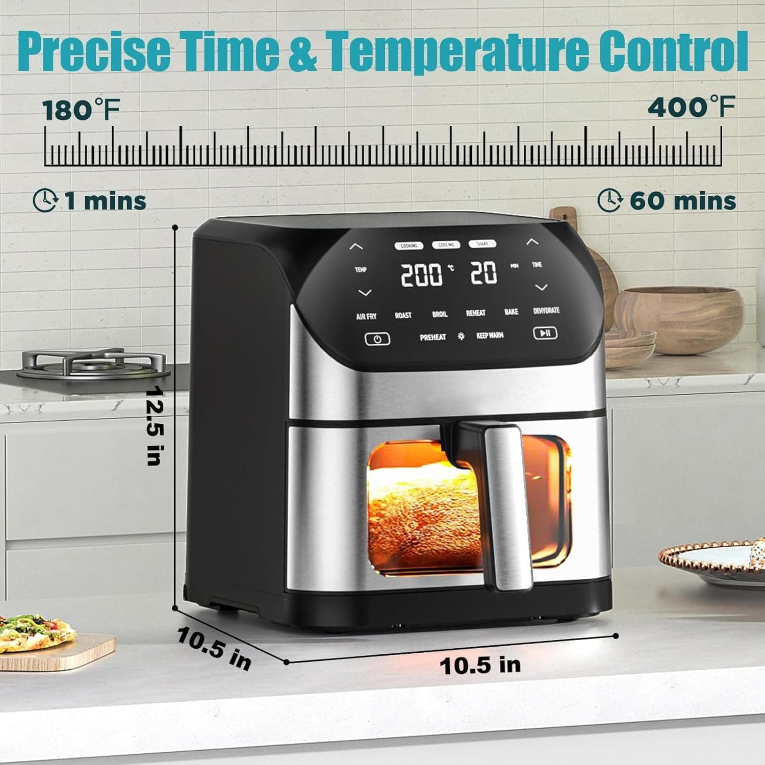 Air Fryer 6.2 QT Large Capacity Oilless Hot Air Fryers Oven 1500W Healthy Cooker with 10 Presets, Digital LCD Touch Screen, Visual Cooking Window, Non-Stick Basket, Included Recipe (Silver-L)