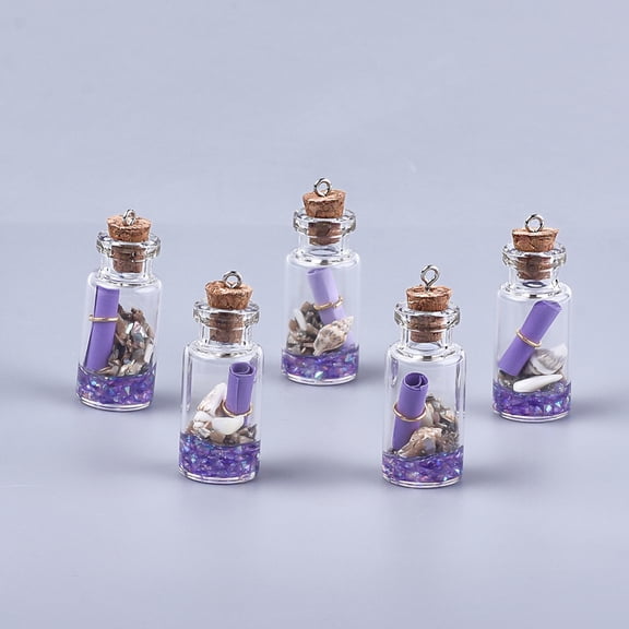 5 pc Glass Wishing Bottle Pendant Decorations with Resin & Paper & Shell with Cork Stopper and Iron Findings Medium Purple 40~42x16mm Hole: 2mm