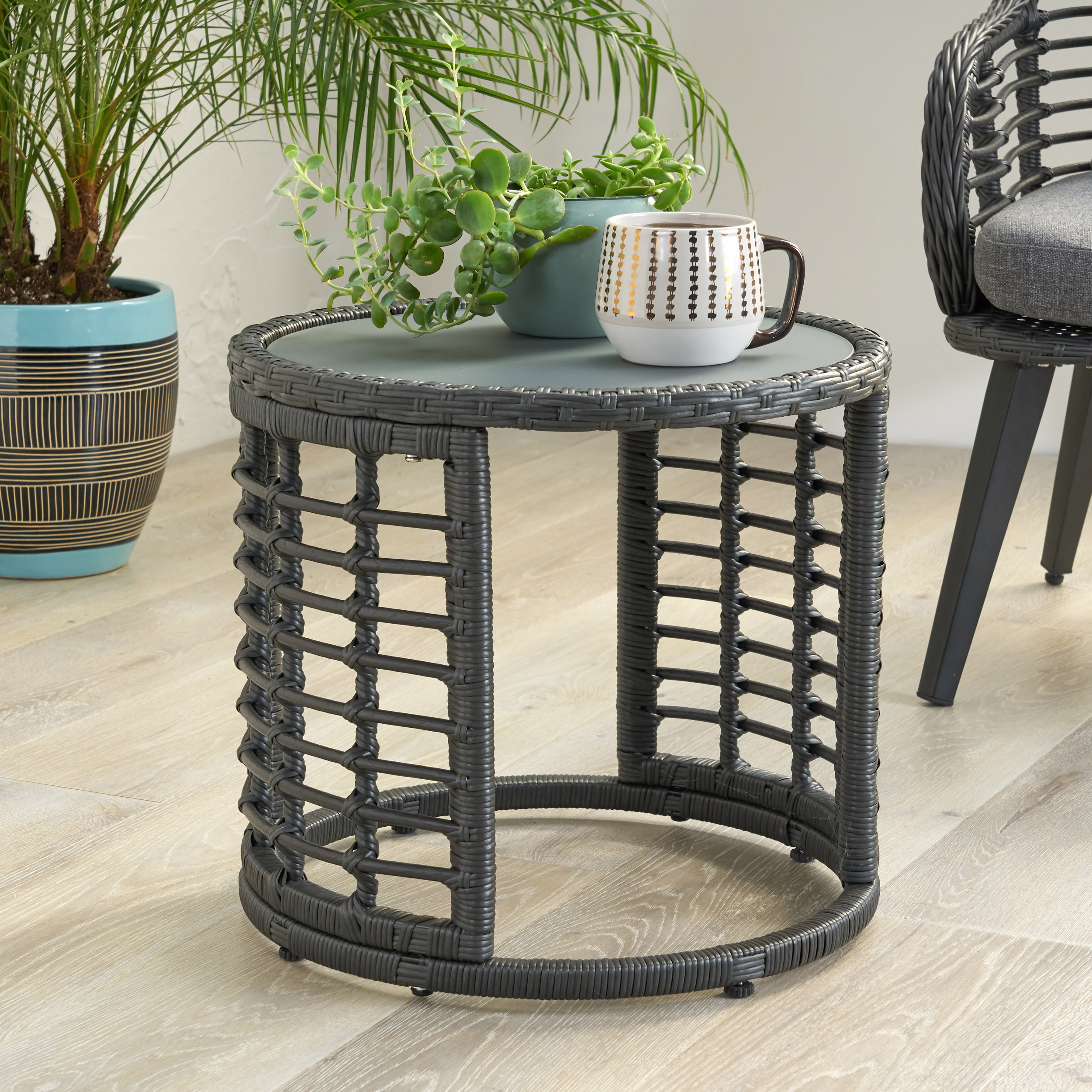 Noble House Caspian Indoor Modern Boho Wicker Side Table with Tempered Glass Top, Gray