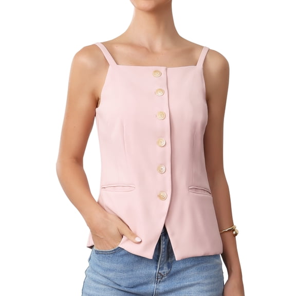DARING DIVA Women's Sleeveless Suit Button Down Square Neck Vest XS Pink