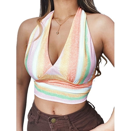 

Frecoccialo Ladies Summer Beautiful Midriff-baring Camisole Colorful Stripes V-neck Hanging Neck Lace Up Sleeveless Tops Backless Base Shirt