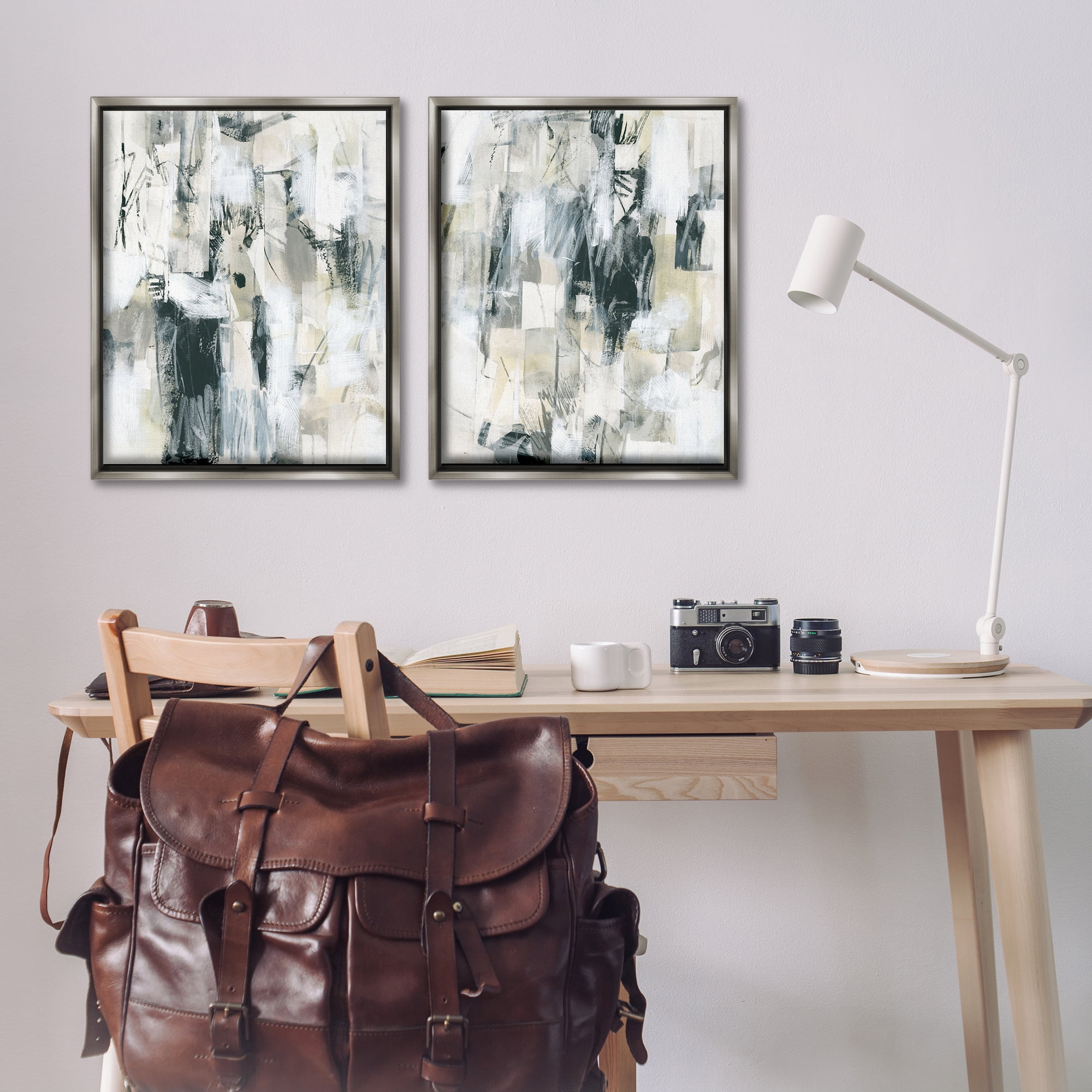 Stupell Industries Abstract Charcoal and Beige Abstract Painting Gray Floater Framed Canvas Art Print Wall Art, 31 x 25, Set of 2