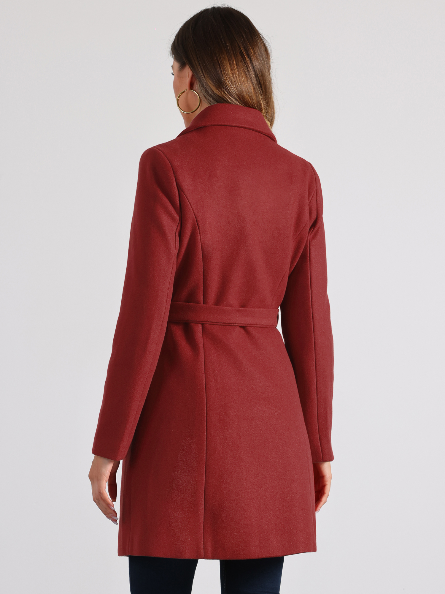 DARING DIVA Women's Double Breasted Slant Pocket Button Down Belted Coats Dark Red L