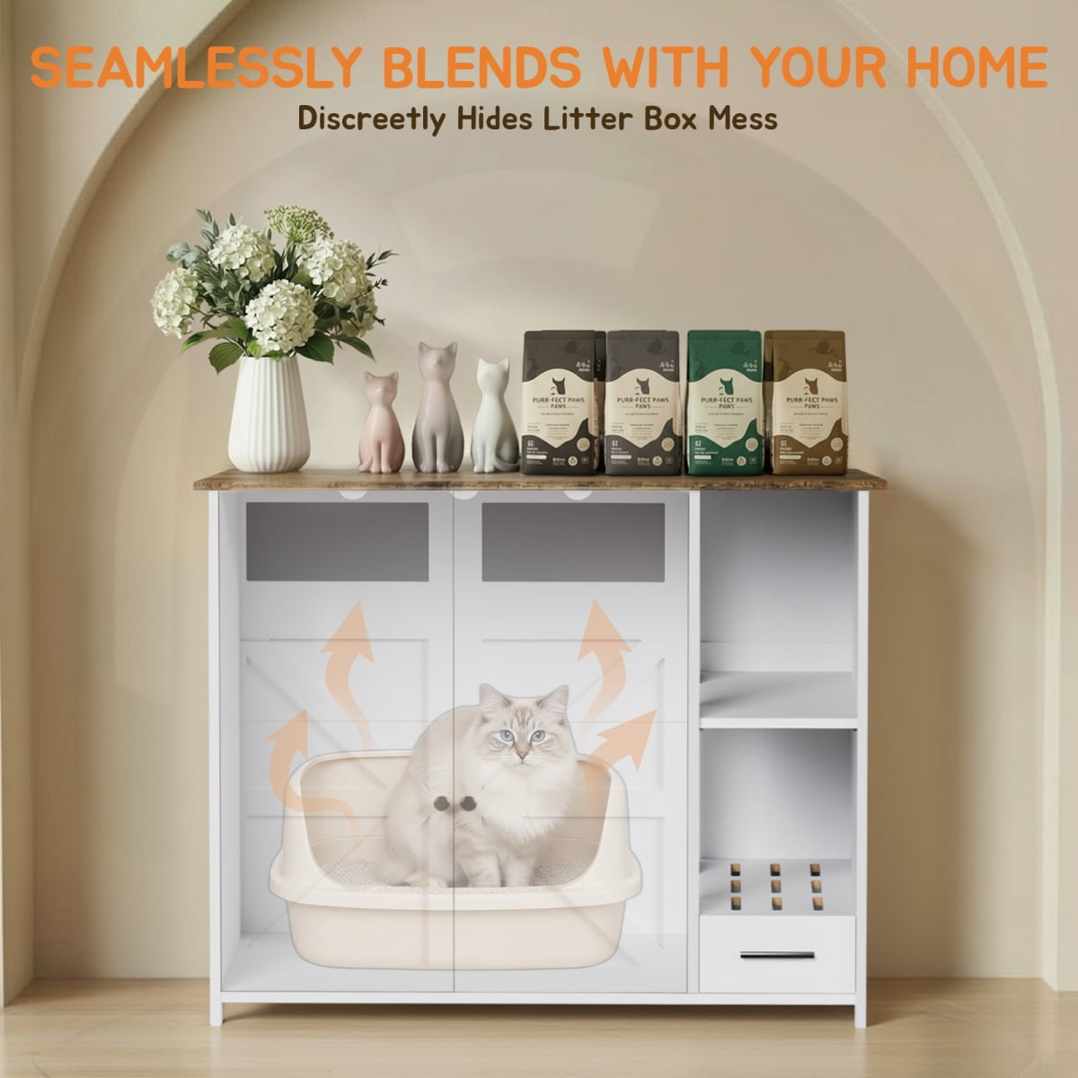 Hidden Cat Litter Box Enclosure Furniture – Large Dog-Proof Litter Box Cabinet with Power Strip, Compatible with Large Self-Cleaning Litter Boxes On-Site