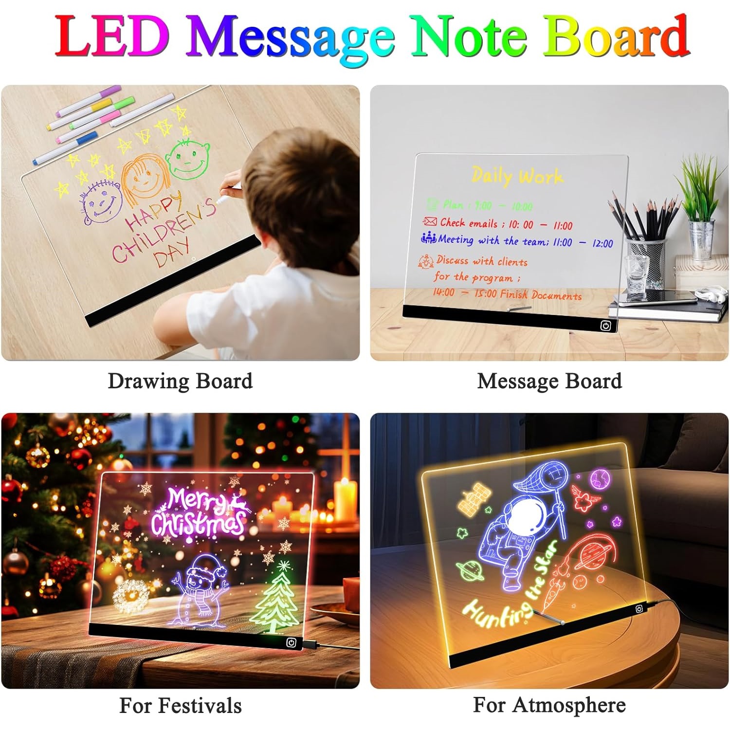 LED Note Board with Colors, 11.8"X7.8" Led Drawing Board for Kids with Stand and 7 Markers, as Night Light for Room/Store/Office Ideal Gift for Festival Decoration