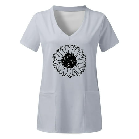

Women Scrubs Tops Plus Size Top V Neck Short Sleeved Pockets Prints T Shirt Comfortable Nursing Uniform