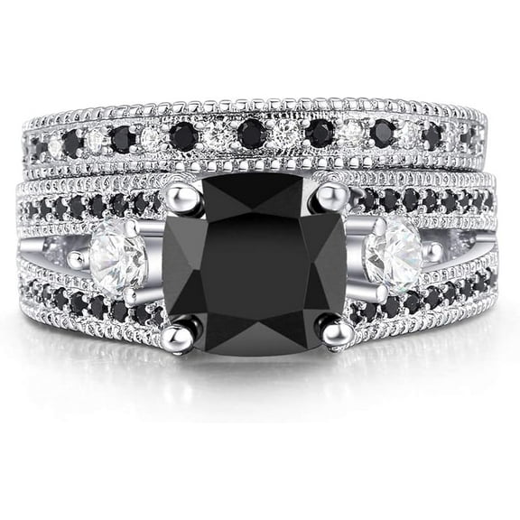 Dazzlingdaimonds Jewels 925 Sterling Silver 2.00 Ct Cushion Cut Black And White Diamond Wedding Engagement Christmas Bridal Ring Set 14K White Gold Plated For Women's -7