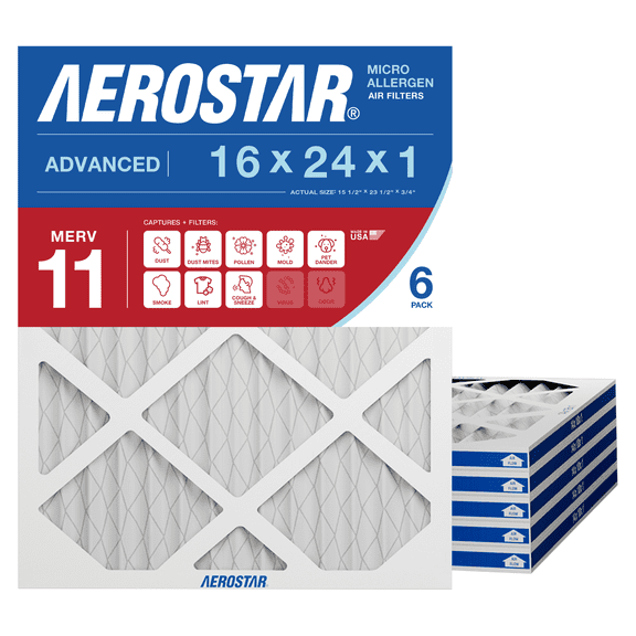 Aerostar 16x24x1 MERV 11 Air Filter, Pleated AC Furnace HVAC, Pet Dander Mold Smoke, 6 Pack