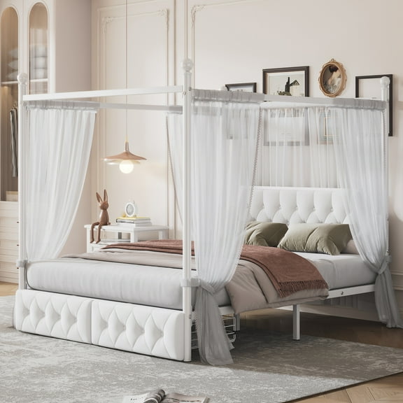Queen Size Metal Canopy Platform Bed with Upholstered Headboard and Two Storage Drawers, White