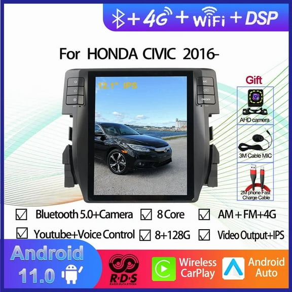 8G 128GB Android 11 Tesla Style Car GPS Navigation Multimedia Player For Honda Civic 2015-2021 Vertical Screen Auto Radio Stereo