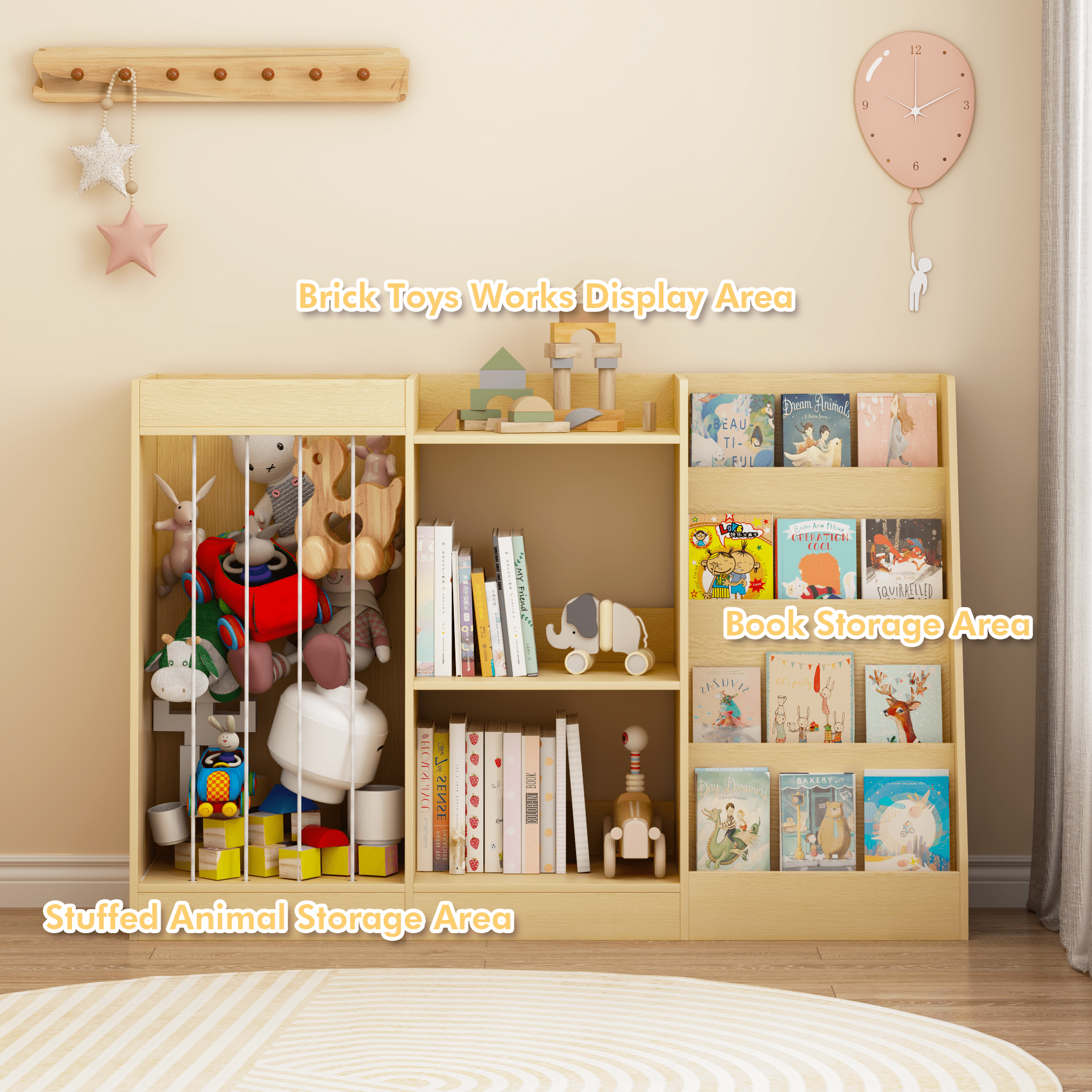 Kids Bookshelf 47.3 Inch, 4-Tier Bookcase with Toy Storage and Stuffed Animal Organizer, Montessori Bookshelf for Nursery and Playroom, Natural
