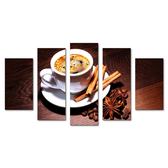 Juego de Cuadros Decorativos, Café Espresso con Canela y Anís, 5 Piezas, Ideal para Cocinas y Cafeterías, 150x80cm