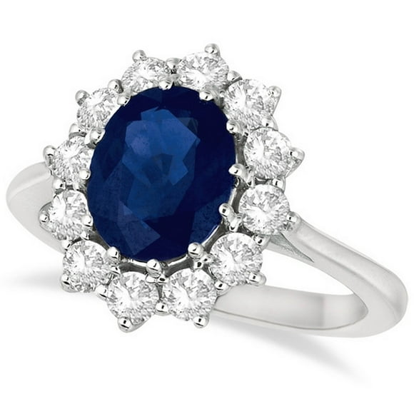 Bague Accentuée de Saphir Bleu Ovale et de Diamants en Or Blanc 14 K (3,60 Ctw)