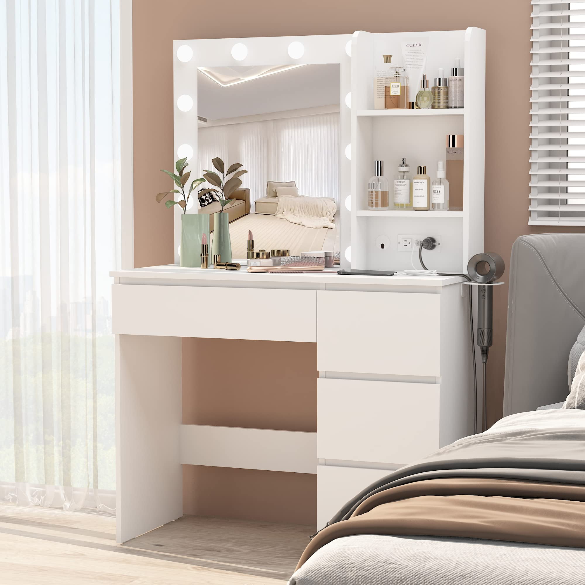Veanerwood Makeup Vanity with Lights, Bedroom Vanity Table with Power Strip, Modern Dressing Table, 4 Drawers, White