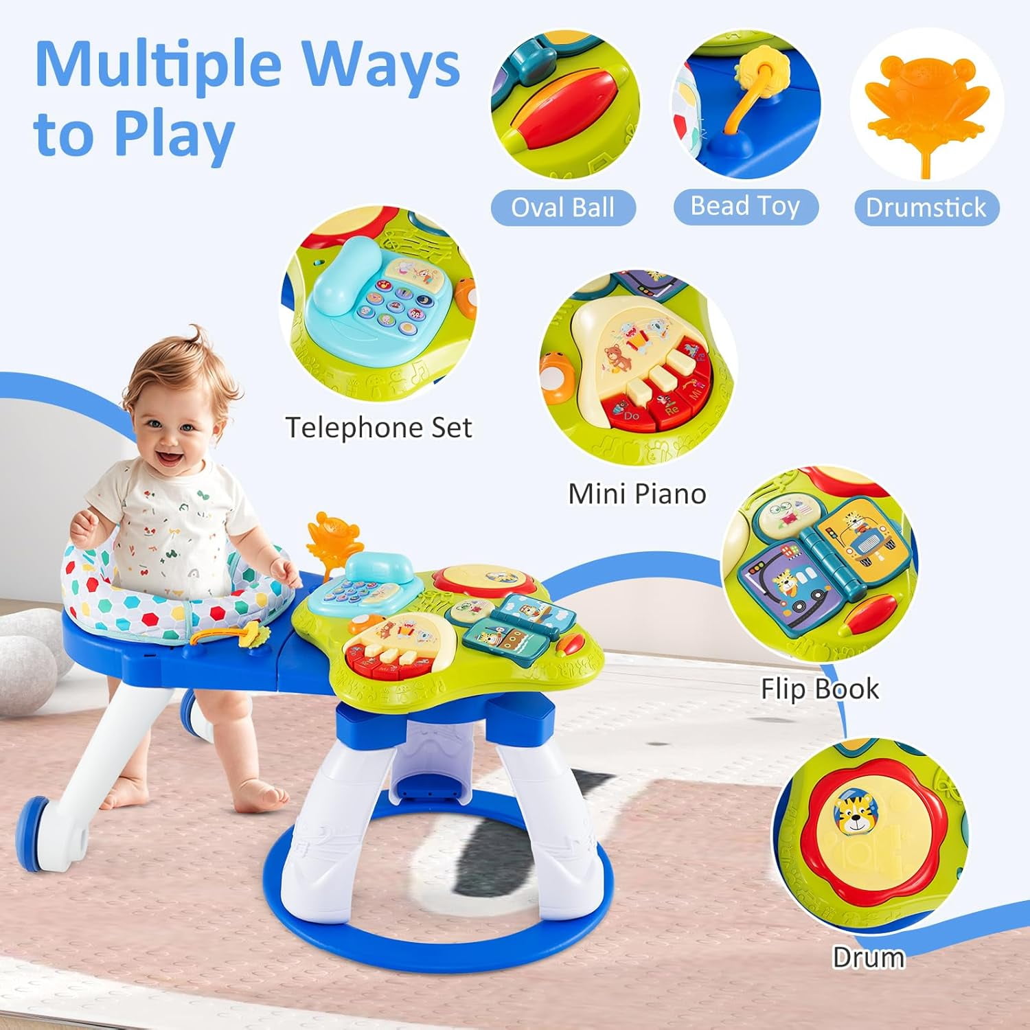 INFANS 3 in 1 Walk Around Baby Activity Center, Baby Walker with Play Table, Wheels, Detachable Seat Cushion, 3 Adjustable Heights, Learning Toys for Boys Girls Aged 6-36 Months