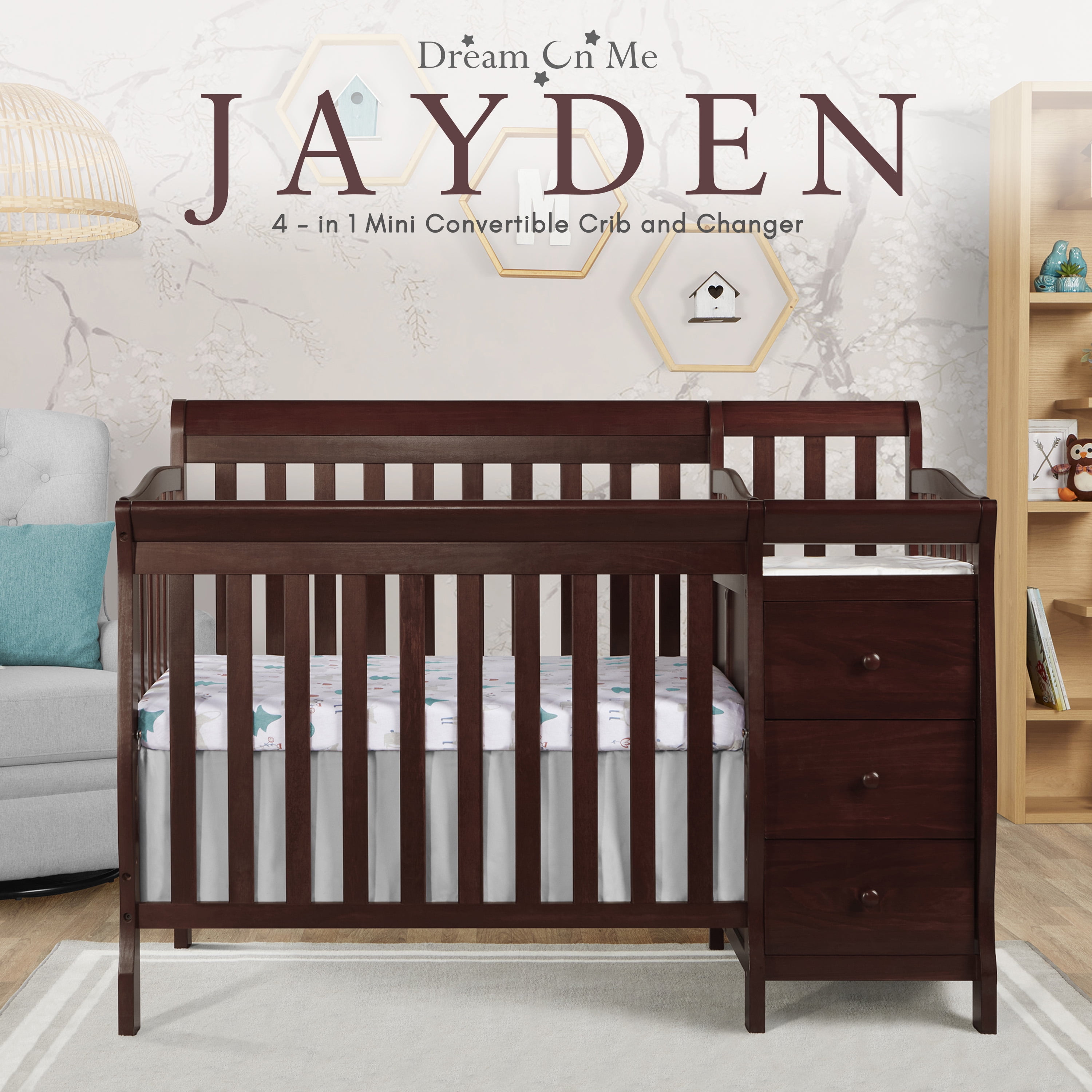 Dream On Me Jayden 4-in-1 Convertible Crib with Changer Espresso
