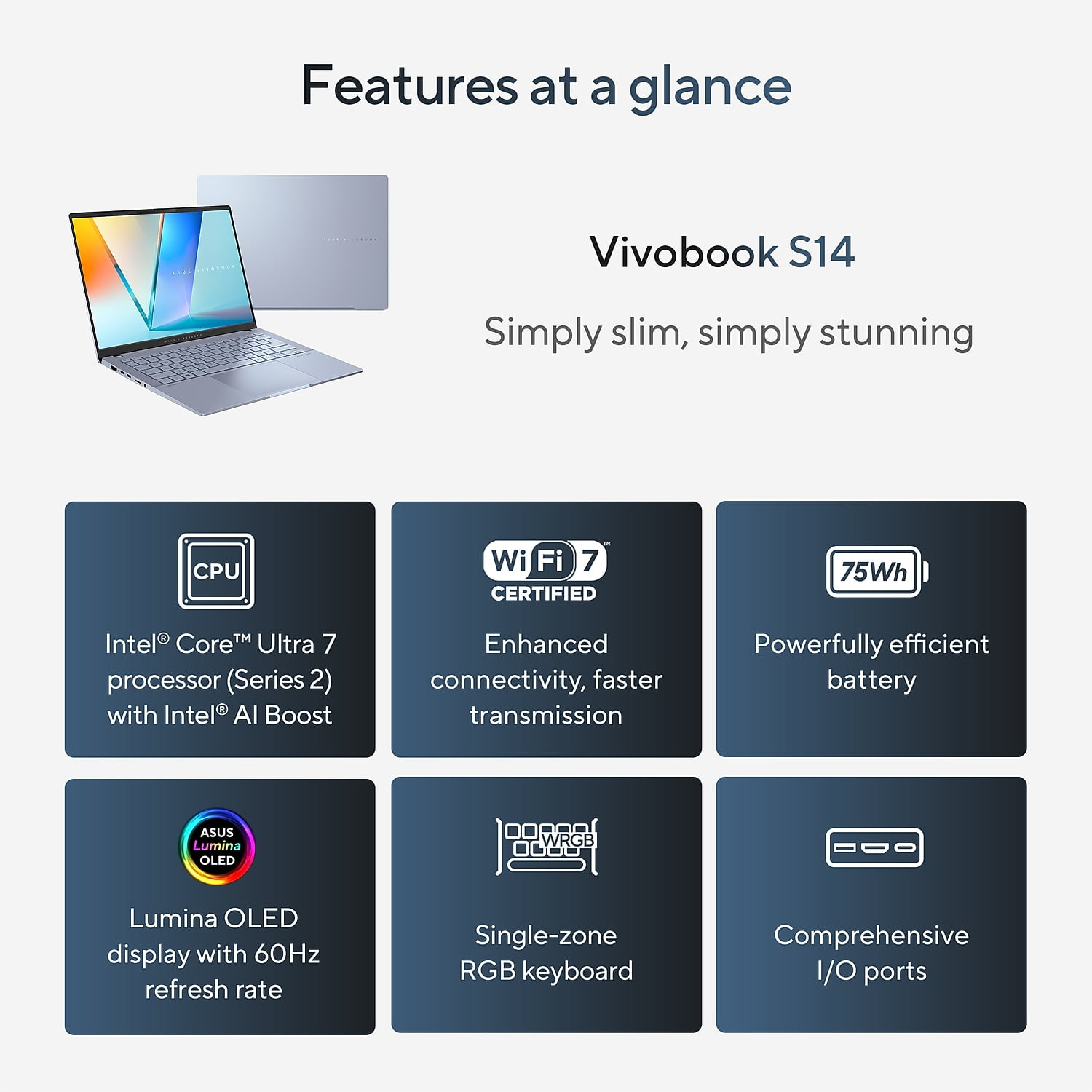 ASUS Vivobook S 14 OLED 14" Laptop Copilot+ PC Intel Core Ultra 7 258V 16GB RAM 1TB SSD 17 Hour
