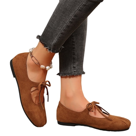 EKVAHL Women's Lace‑Up Ballet Flats, Bow Detail Mary Jane Shoes, Soft Sole All Season Casual Walking Flats Brown