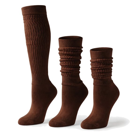 AWS/American Made 2 Pairs Heavyweight Slouch Socks Women, Brown Cotton Knee High Mid Calf Boot Scrunch Socks, Retro 80s 90s, Size 5-10
