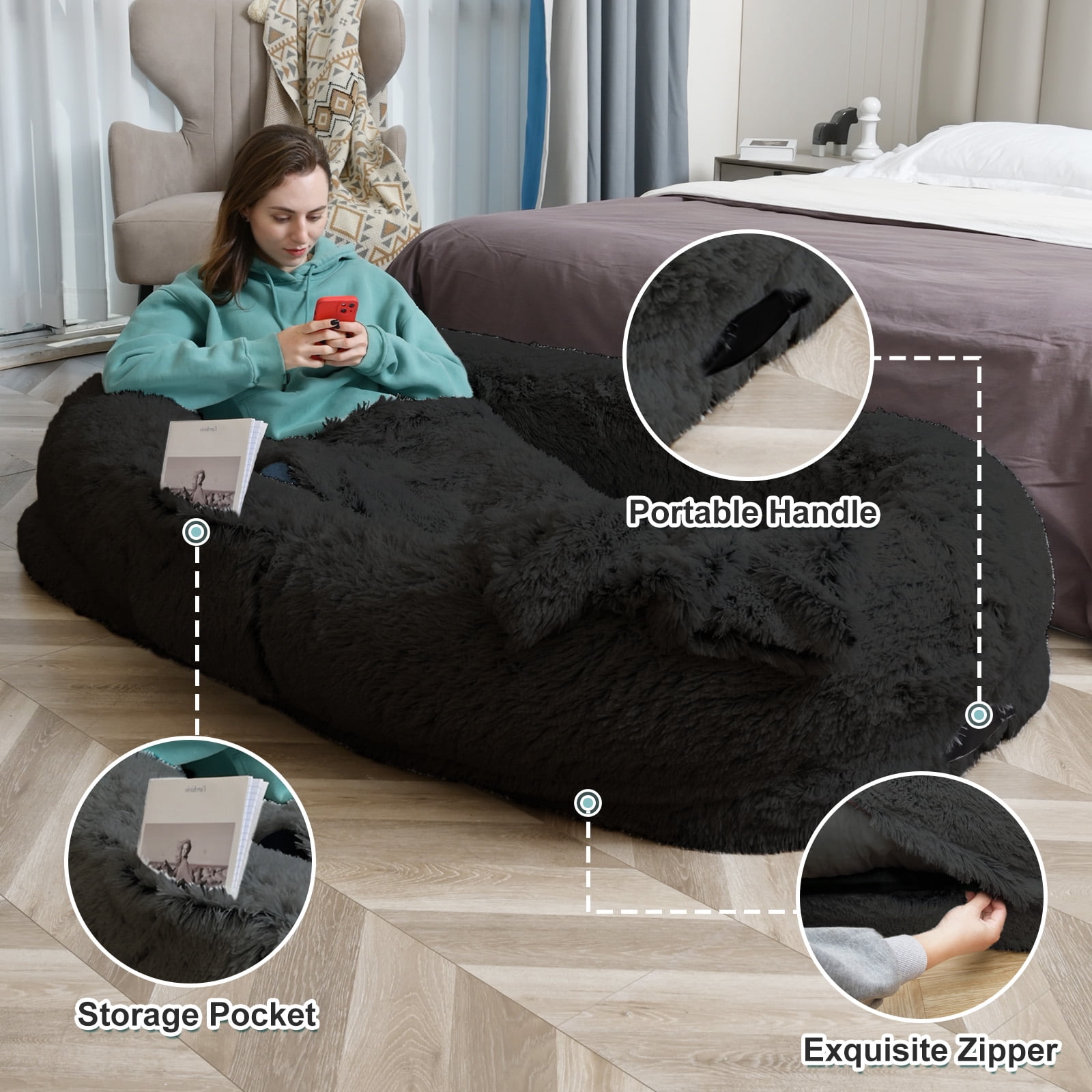 Dokdogs Oversized Human Dog Bed for Adults & Pets, 70"x44"x11" Washable Faux Fur Lounger with Orthopedic Support, Plush Pillow & Blanket Included - Black