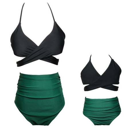 

URMAGIC Women Girls Wrap Tie Swimsuit Family Matching Swimsuit Mommy and Me Two-Pieces High Waist Bikini Set/Green