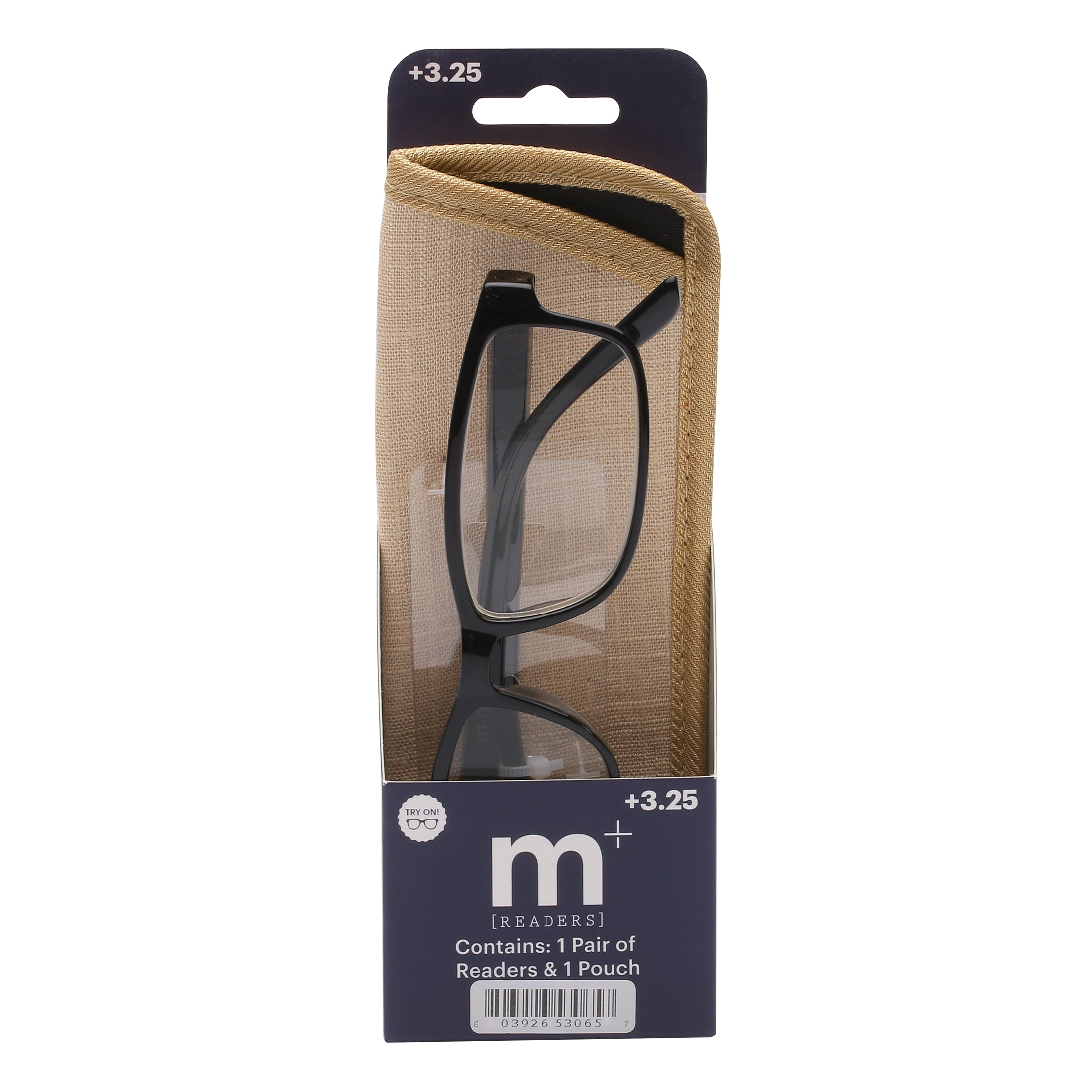 M+ Mens Rectangular Plastic Reading Glasses 3.25 Frazier in Classic Black
