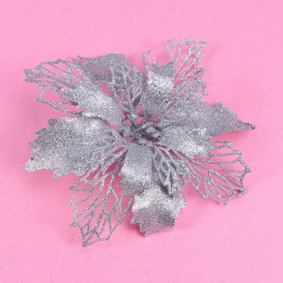Minkissy 12Pcs Plated Silver Glitter Poinsettia Flowers Hollow Christmas Ornaments for Xmas Party Decoration