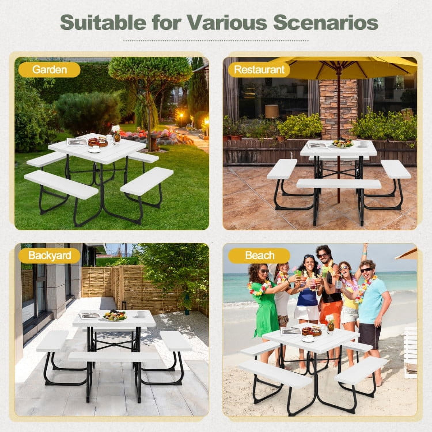 Aimee Lii Outdoor Picnic Table with 4 Benches and Umbrella Hole, Outdoor Patio Furniture, White