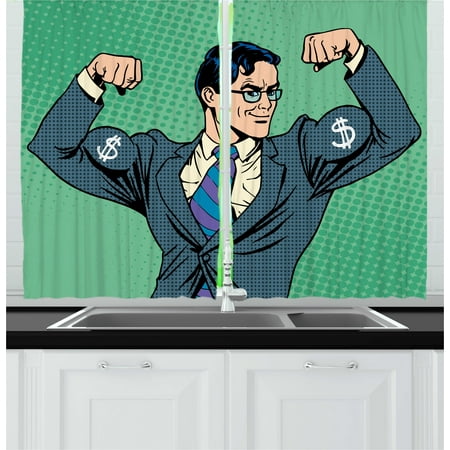 Living In A Dollar Green Curtains 2 Panels Set, Pop Art Retro Style Manly Businessman with Currency Dollar Money Print, Window Drapes for Living Room Bedroom, 55W X 39L Inches, Petrol Blue Fern Green, by Ambesonne ()