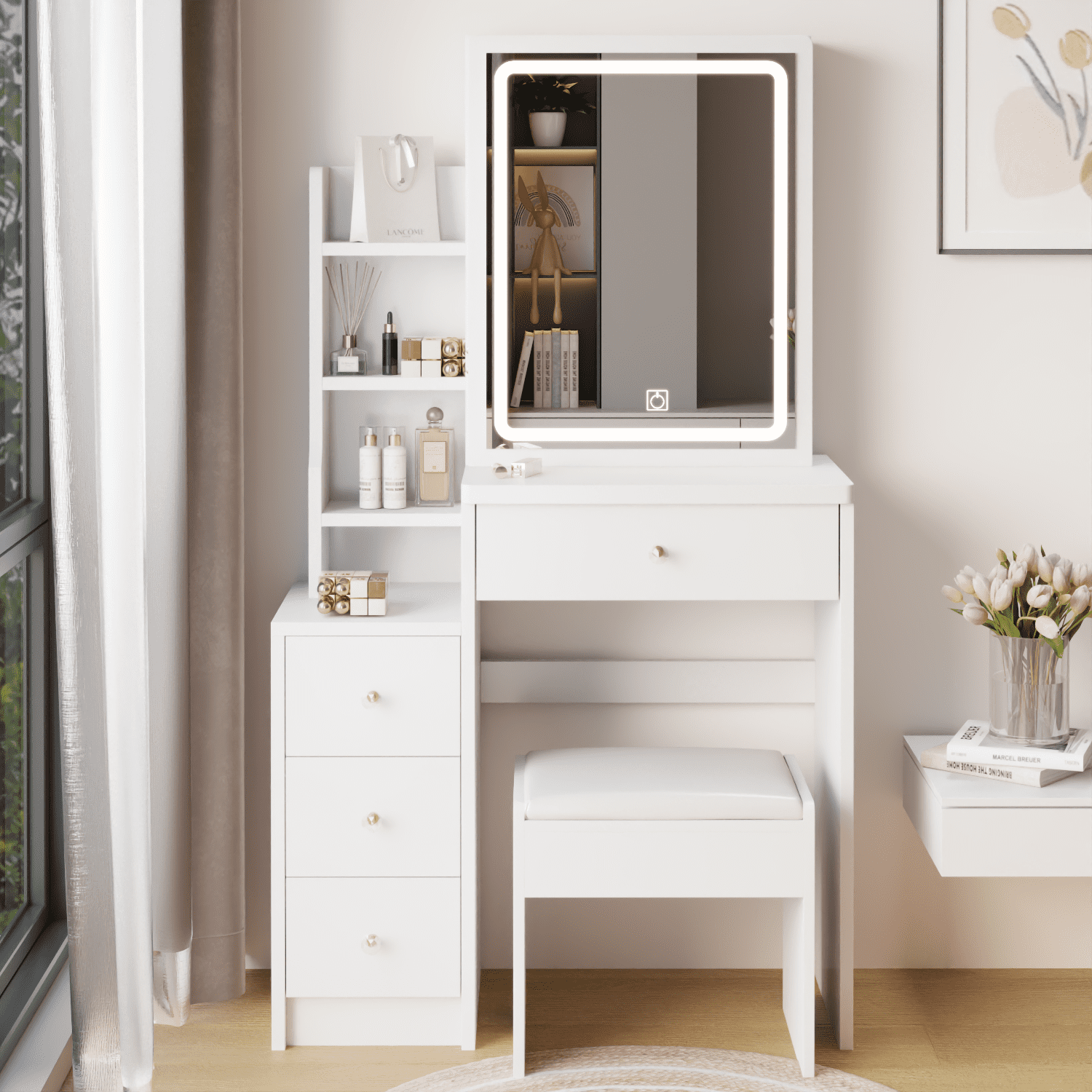 Resenkos Makeup Vanity Desk with Rectangle Mirror and LED Lights for Bedroom, 30" Dressing Table Dresser Stool