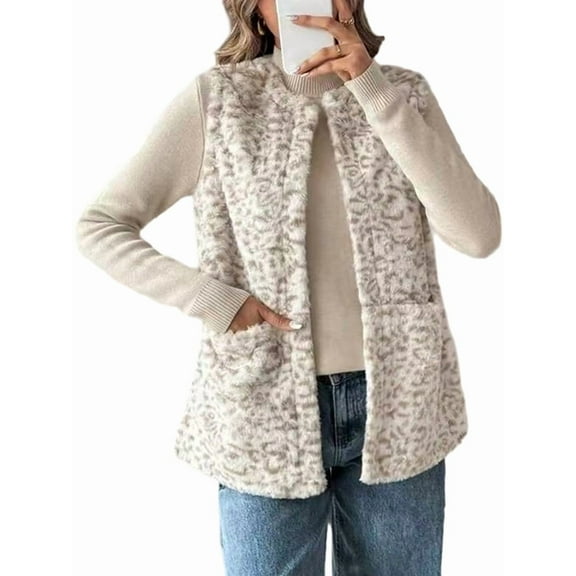 Women Sleeveless Fuzzy Fleece Vest Casual Warm Jacket with Pockets for Fall/Winter Light Gray L