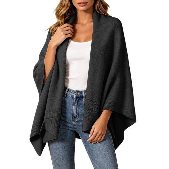 JIAYUE Women's Cardigan Open‑Front Poncho Shawl Cape Wide Sleeves Solid Color Ribbed Soft Knit Layering Top For Fall Workout Wear