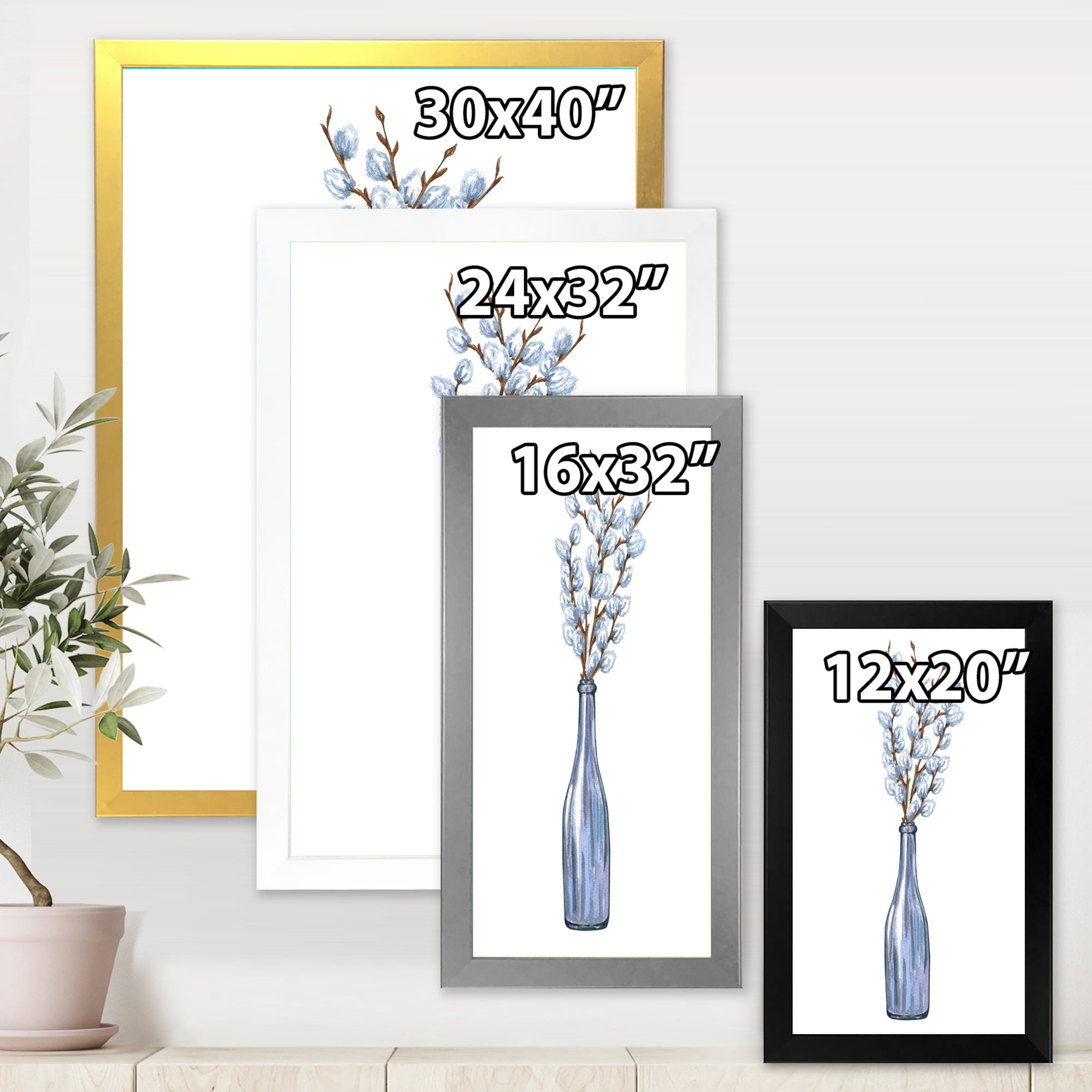 Designart 'Bunch of White Pussy Willow Twigs II' Farmhouse Framed Art Print