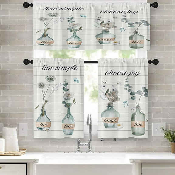 Farmhouse Floral Kitchen Window Curtains Valance and Tier Set 36 Inch, Watercolor Flower Vase Inspirational Quote 3 Piece Window Treatment Tiers Country Wooden Kitchen Decor Drapes
