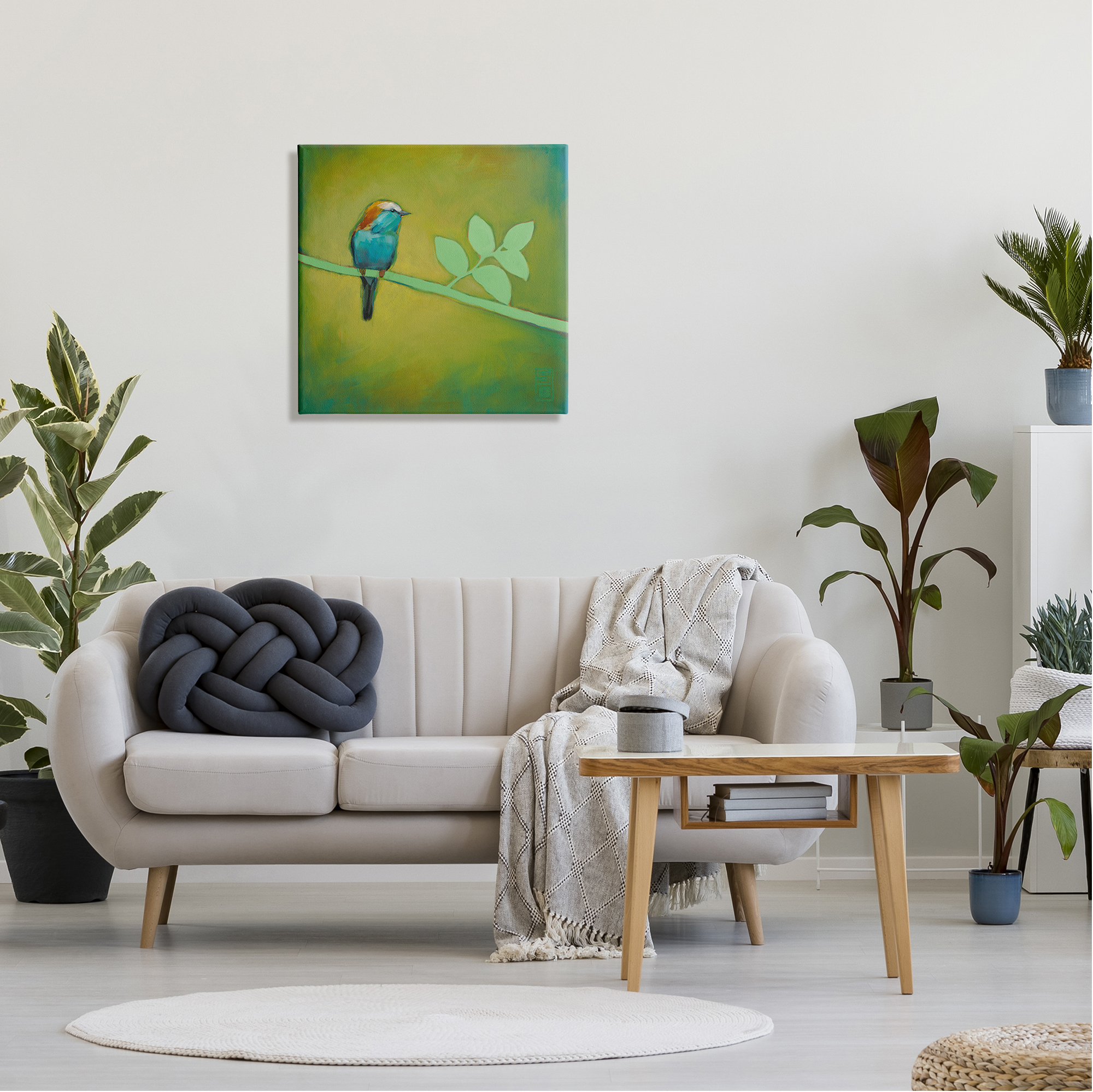 Stupell Industries Bird on Green Branch Animals & Insects Painting Gallery Wrapped Canvas Print Wall Art, 24 x 24