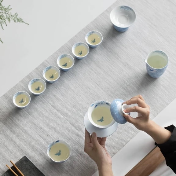 Hand-painted Kungfu Tea Set, Butterfly and Floral themed Chinese Tea Set, Gaiwan Gongfu Tea sets for adult, Ceramic Tea Ceremony Set, Gift for Tea Lovers