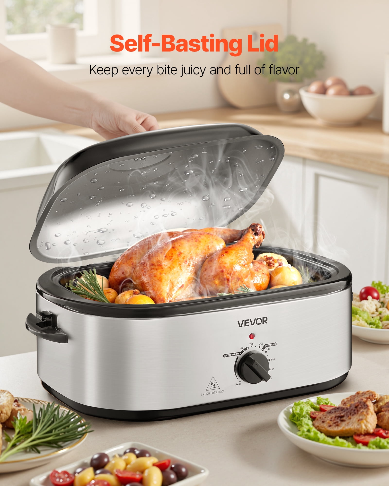 VEVOR Roaster Oven, 22QT Electric Roasting Pan,150-450℉ Adjustable Temperature Multifunctional Electric Roaster Oven with Self-Basting Lid, Defrost & Warm Function for Holiday Meal, Fits 26lb Turkey