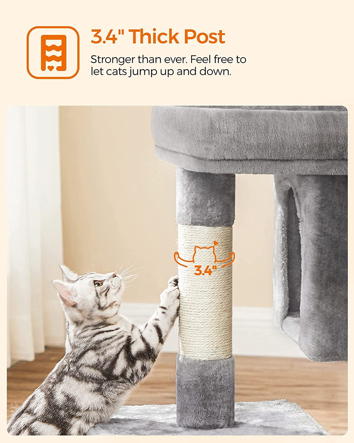 Cat Tree 33.1-Inch Cat Tower for Large Cats up to 16 lb, Large Perch, 2 Cat Caves, Scratching Post, Light Gray