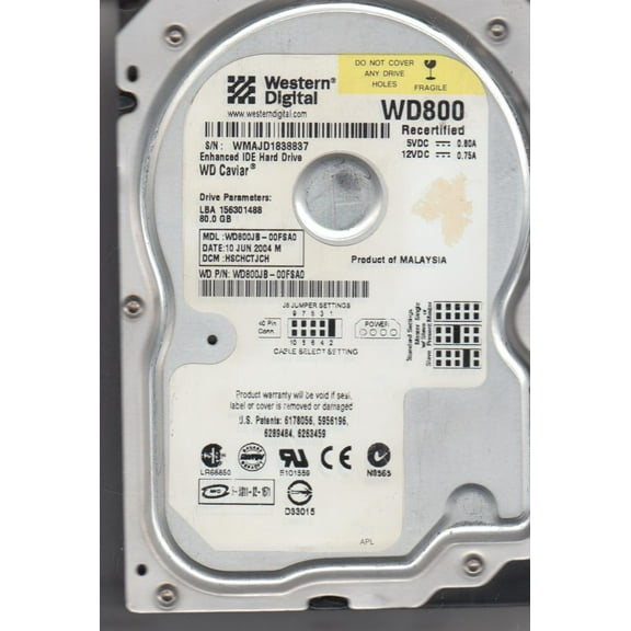 WD800JB-00FSA0, DCM HSCHCTJCH, Western Digital 80GB IDE 3.5 Hard Drive
