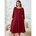 thumbnail image 2 of SHOWMALL Women's Plus Size Swing Drape Dress Wine Red 3X Midi Dress 3/4 Sleeves Wedding Guest Dress Boat Neck Flowy Dress with Pockets, 2 of 9