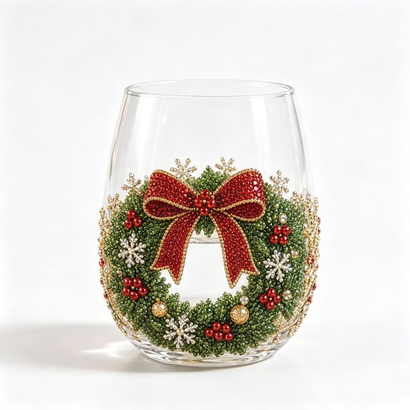 ICQOVD Christmas Stemless Wine Glass Set,Sparkling Rhinestone Beaded Holiday Tumbler Cups for Christmas Parties,Seasonal Table Decor and Home Entertaining
