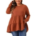 thumbnail image 1 of Agnes Orinda Blusas de Peplum de Manga Larga para Mujeres Talla Grande, Cuello Redondo, Casual, Sueltas, 3X, Rojo Ladrillo, 1 of 6