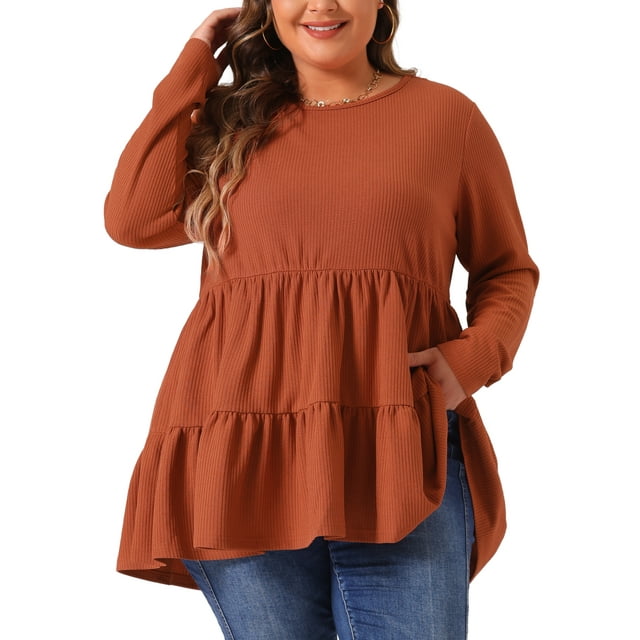 GRACE & GRANDEUR Blouses Babydoll Grande Taille pour Femmes Manches Longues Col Rond Décontracté Ample Peplum Tuniques 1X Rouge Brique