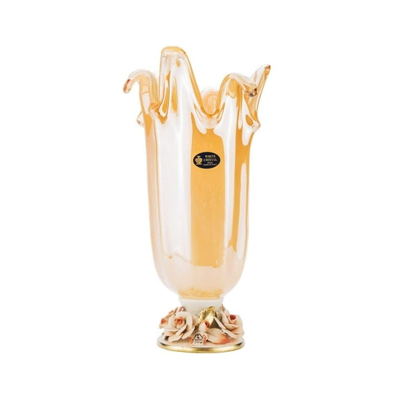 16-Inch Murano Glass Footed Vase Decorative Centerpiece, Vintage Design Crystal Wedding Gift with Capodimonte Porcelain Flowers (Honey, 1280)