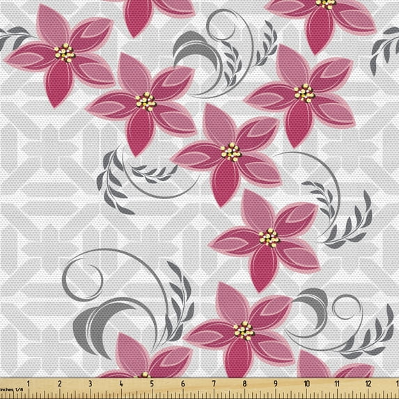 Floral Fabric by the Yard, Abstract Illustration of Curves Floral Strokes on a Geometric Background, Decorative Upholstery Fabric for Chairs & Home Accents, Grey Dark Pink Yellow by Ambesonne