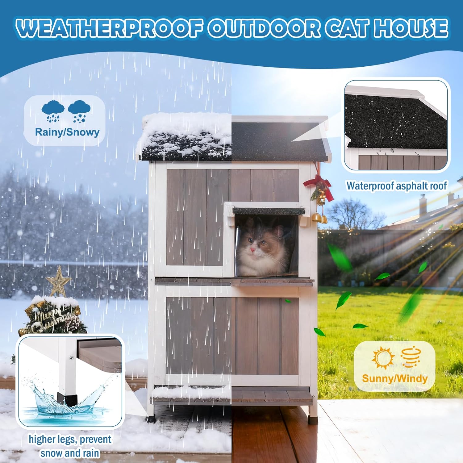 2 Story Outdoor Cat House for Winter Weatherproof Feral Cat Enclosure Shelter with Escape Door Balcony Openable Roof