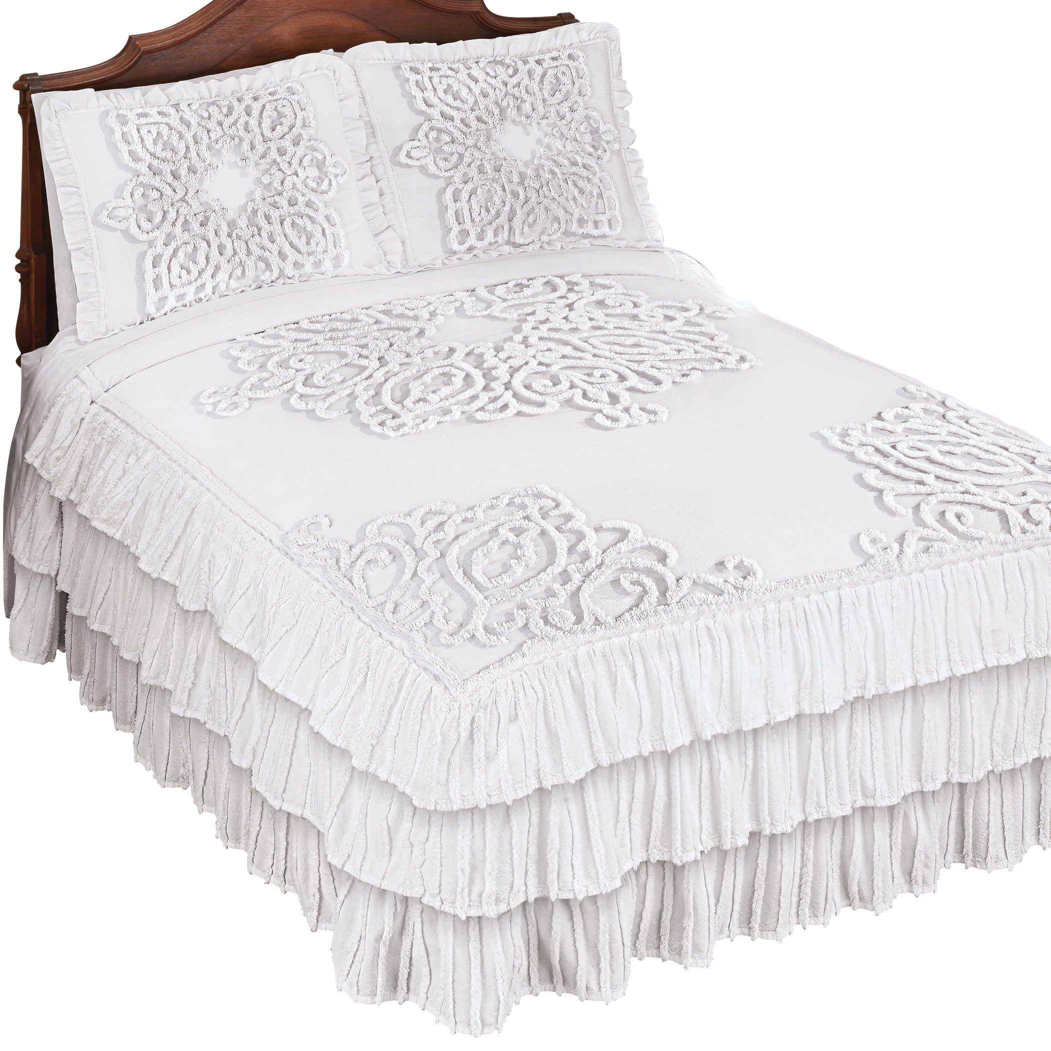 Triple Ruffle Chenille Bedspread, Tufted Design 3 Tiers of Cascading