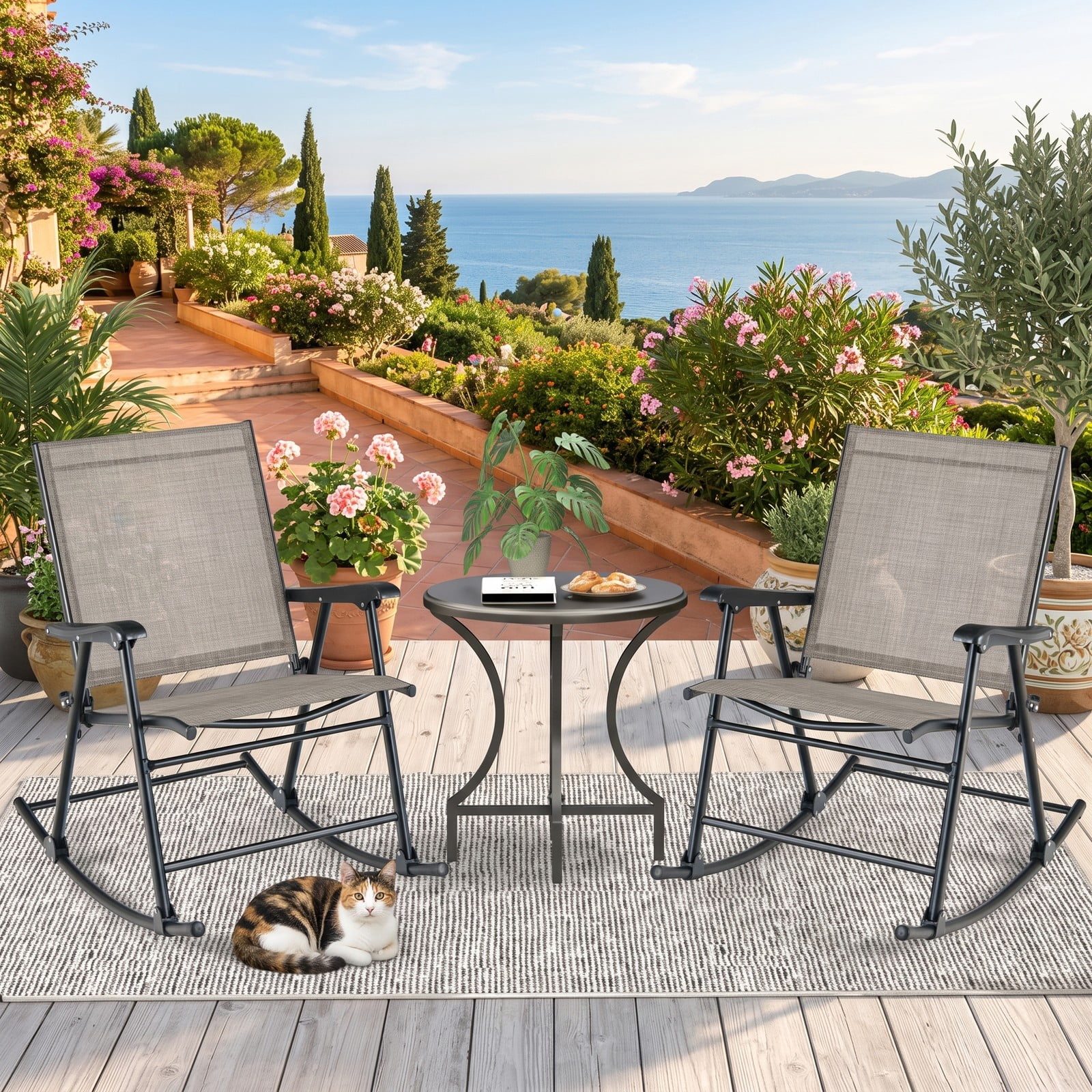 Furnibear Folding Rocking Chairs Set of 2 with Breathable Sling Seat and Heavy-Duty Metal Frame for Patio, Porch and Poolside, Brown