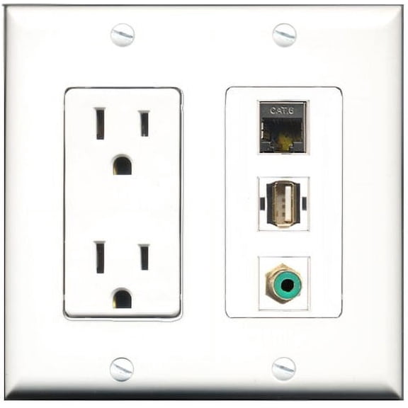RiteAV - 15 Amp Power Outlet 1 Port RCA Green 1 Port USB A-A 1 Port Shielded Cat6 Ethernet Ethernet Decorative Wall Plate